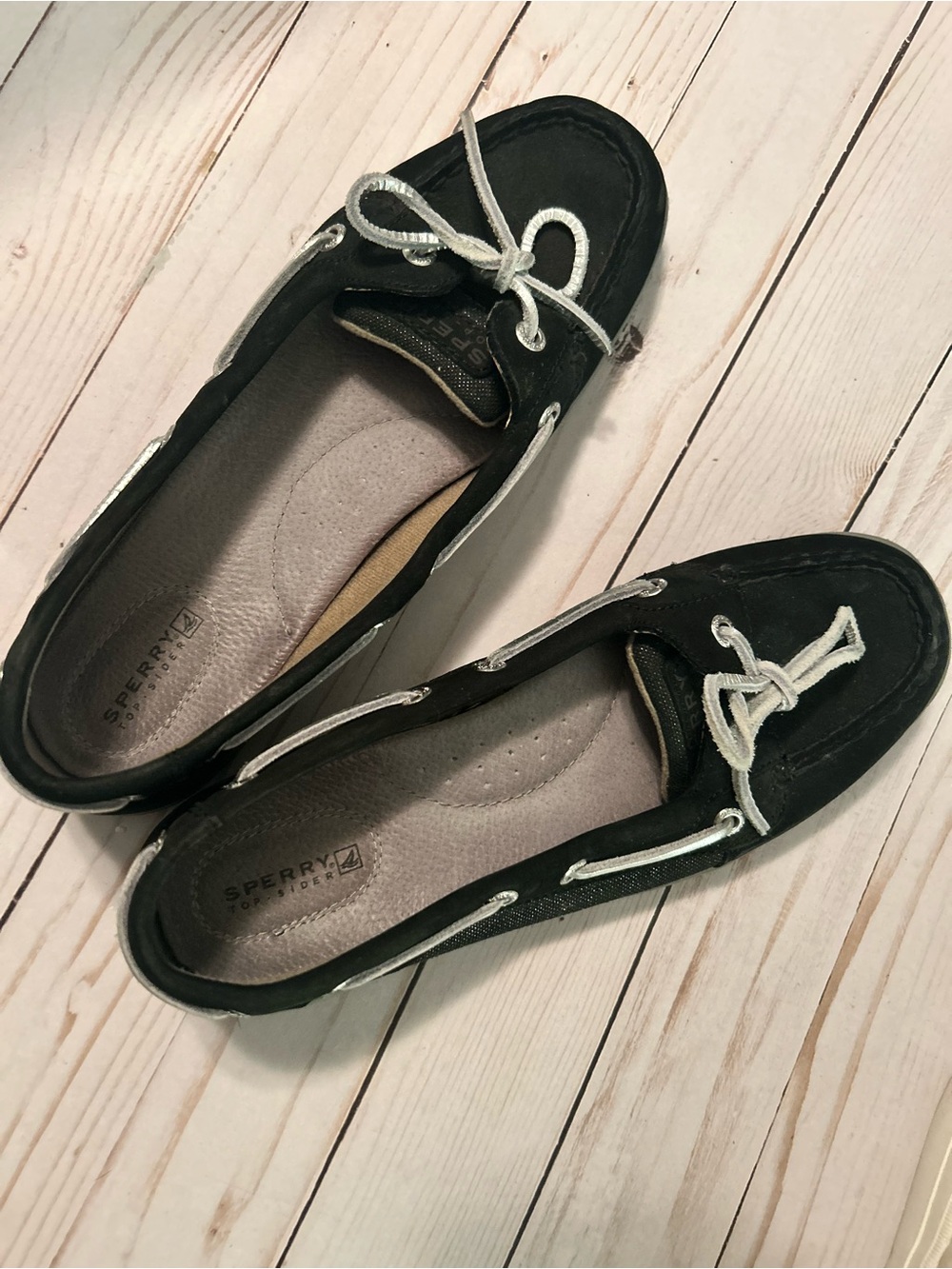 Sperry Black Leather Moccasin Flats with White Laces - Picture 3 of 5